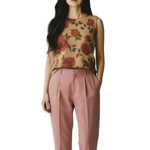 Vintage Tan Pink Floral Lambswool Angora Sleeveless Fairy Knit Shirt Size Small